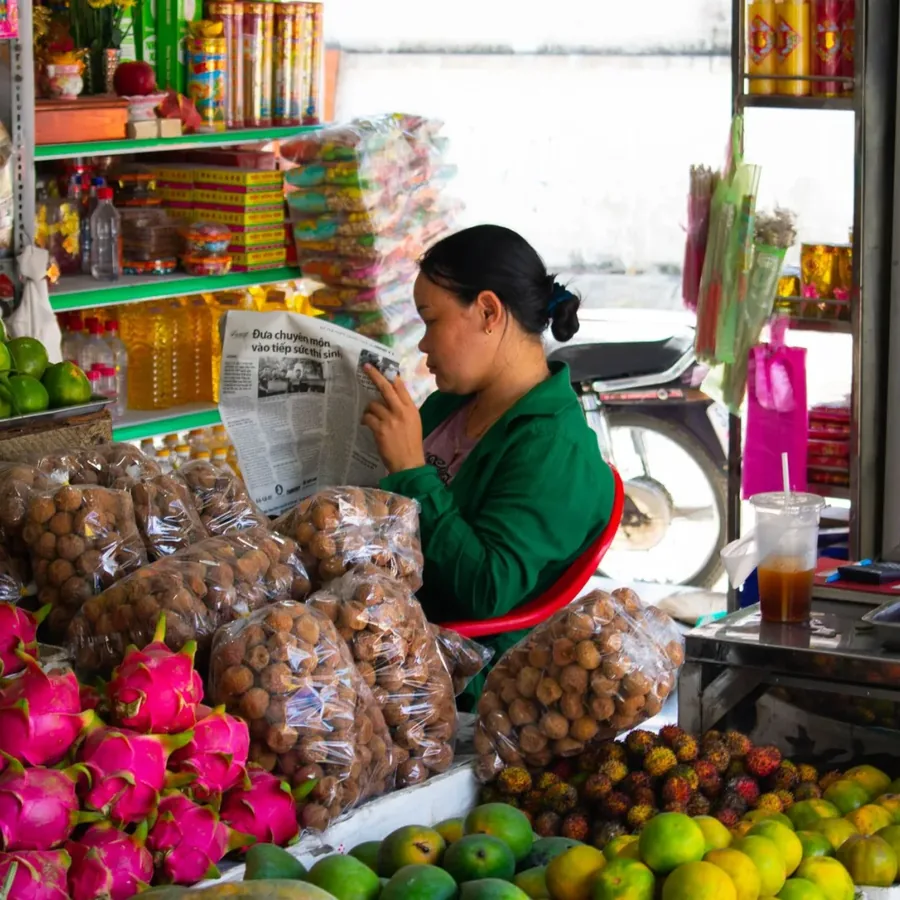Chủ tiệm đang sắp hàng lên kệ
